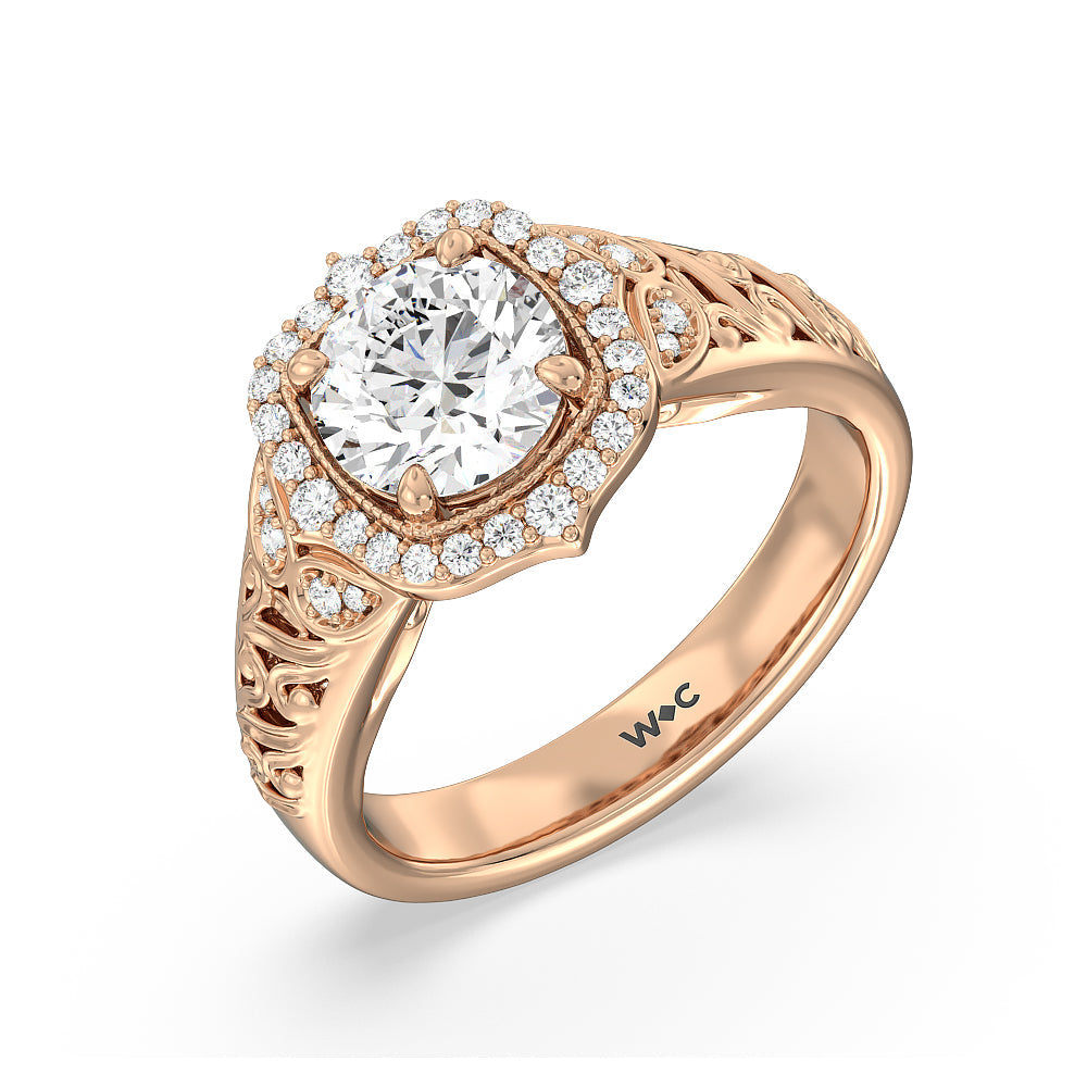 Vintage Filigree Fancy Halo Engagement Ring with Round Cut Diamond in 14KT Rose Gold view 3

