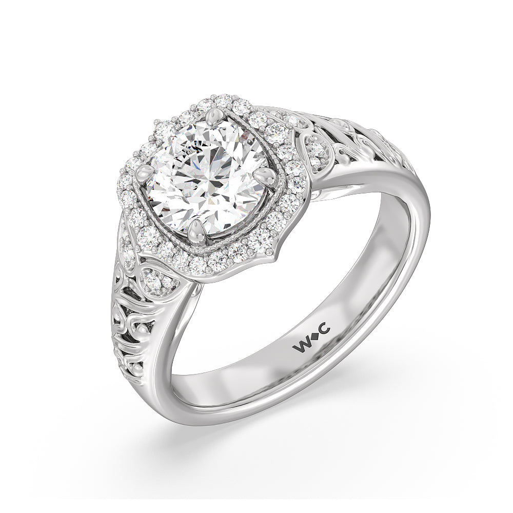 Vintage Filigree Fancy Halo Engagement Ring with Round Cut Diamond in 14KT Platinum view 3
