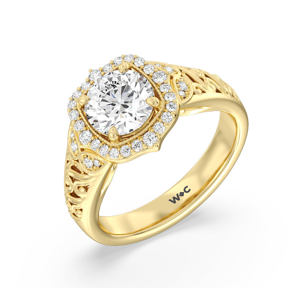 Vintage Filigree Fancy Halo Engagement Ring with Round Cut Diamond in 14KT Yellow Gold view 3
