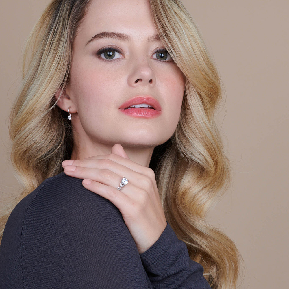 Model Wearing Vintage Filigree Petal Engagement Ring with Lab Grown Diamond view