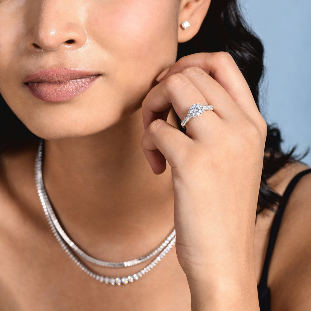 Model Wearing Vintage Filigree Petal Engagement Ring with Lab Grown Diamond view