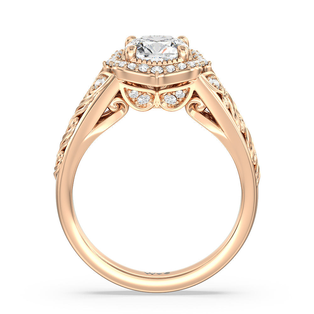 Vintage Filigree Fancy Halo Engagement Ring with Cushion Cut Diamond in 14KT Rose Gold view 2
