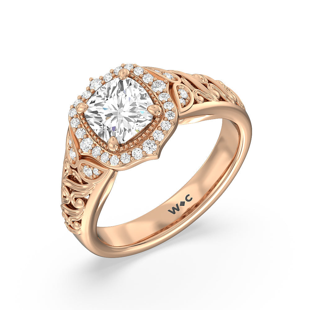 Vintage Filigree Fancy Halo Engagement Ring with Cushion Cut Diamond in 14KT Rose Gold view 3
