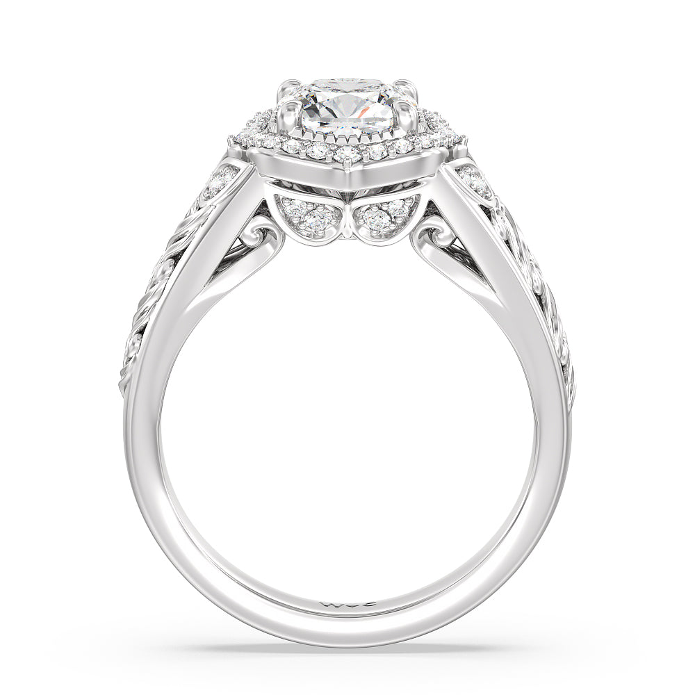 Vintage Filigree Fancy Halo Engagement Ring with Cushion Cut Diamond in 14KT Platinum view 2
