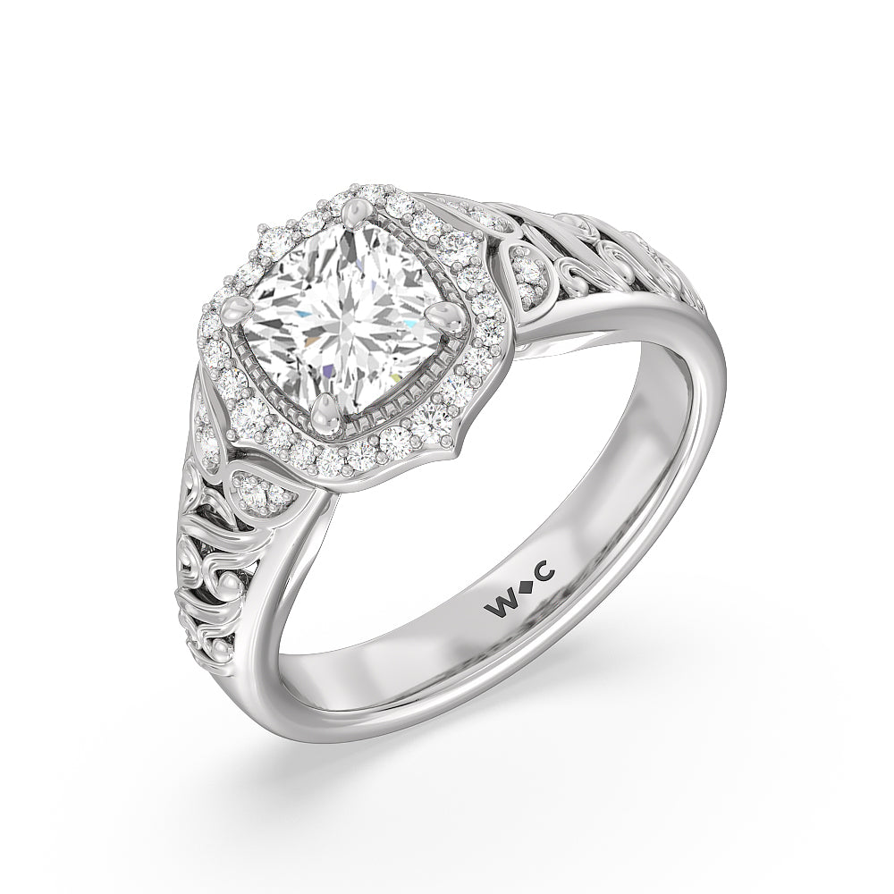 Vintage Filigree Fancy Halo Engagement Ring with Cushion Cut Diamond in 14KT Platinum view 3
