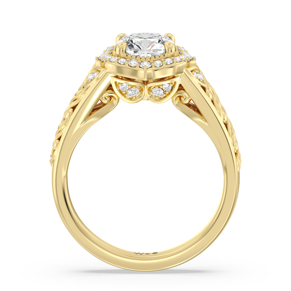 Vintage Filigree Fancy Halo Engagement Ring with Cushion Cut Diamond in 14KT Yellow Gold view 2
