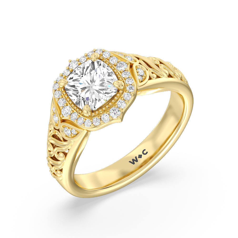 Vintage Filigree Fancy Halo Engagement Ring with Cushion Cut Diamond in 14KT Yellow Gold view 3
