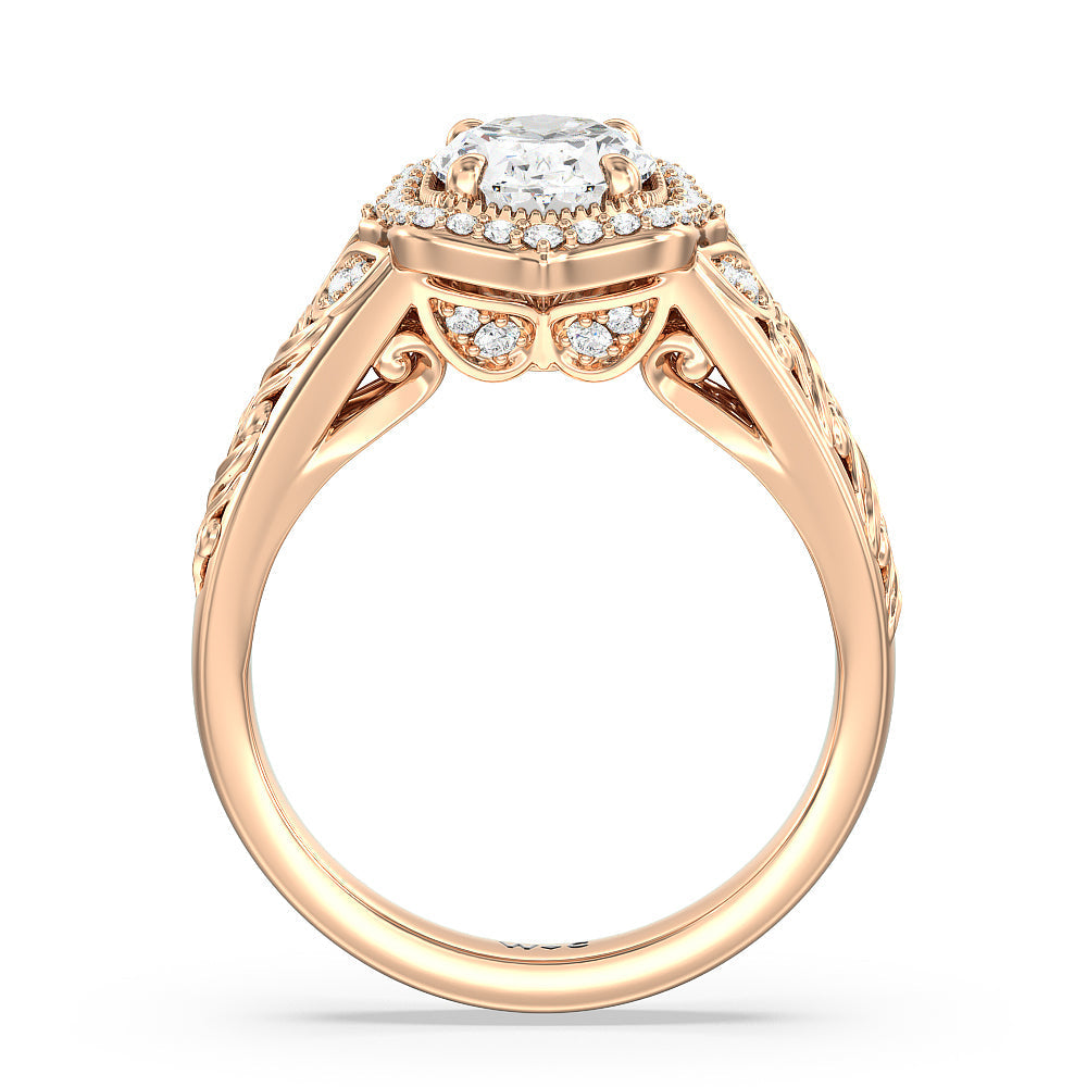 Vintage Filigree Fancy Halo Engagement Ring with Oval Cut Diamond in 14KT Rose Gold view 2
