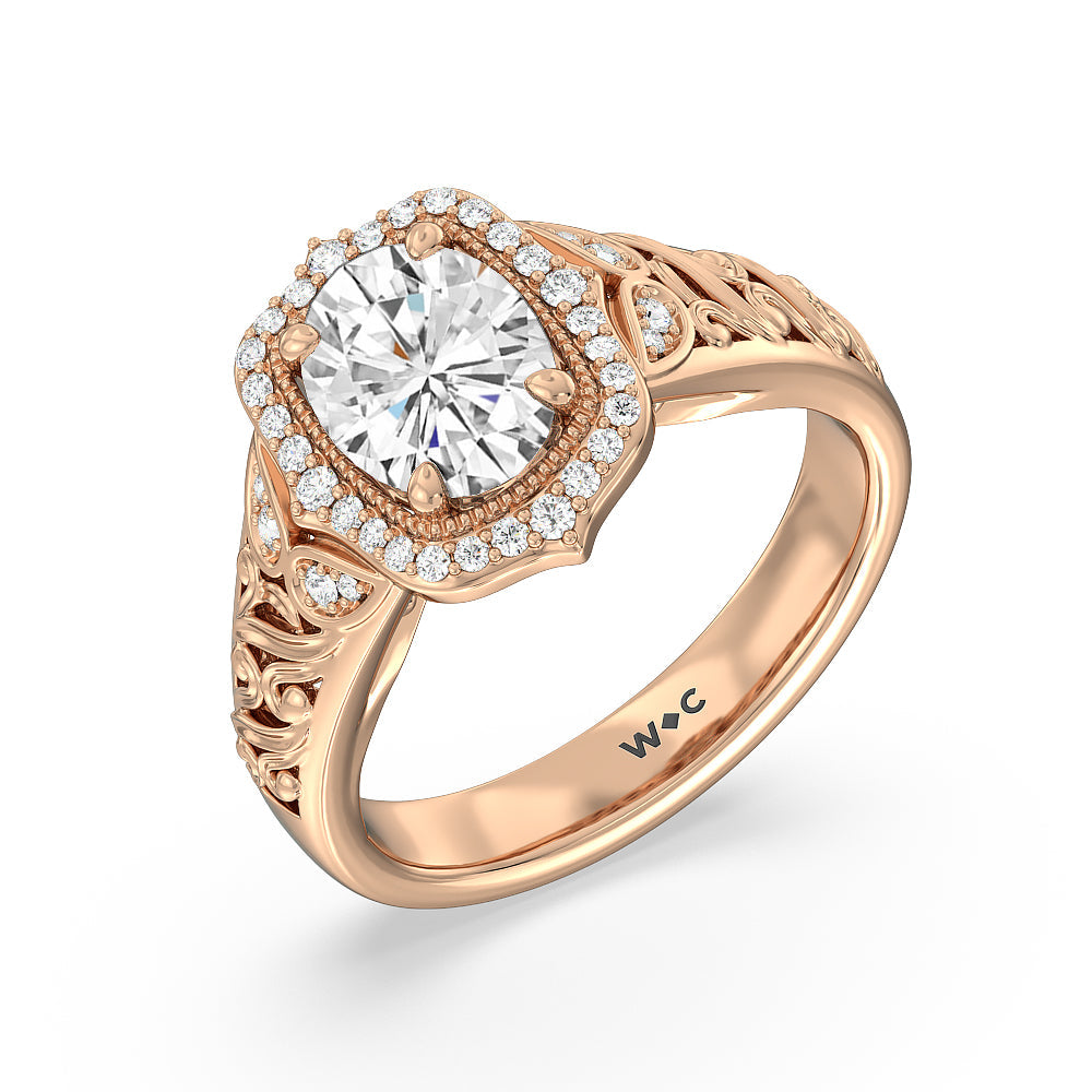 Vintage Filigree Fancy Halo Engagement Ring with Oval Cut Diamond in 14KT Rose Gold view 3
