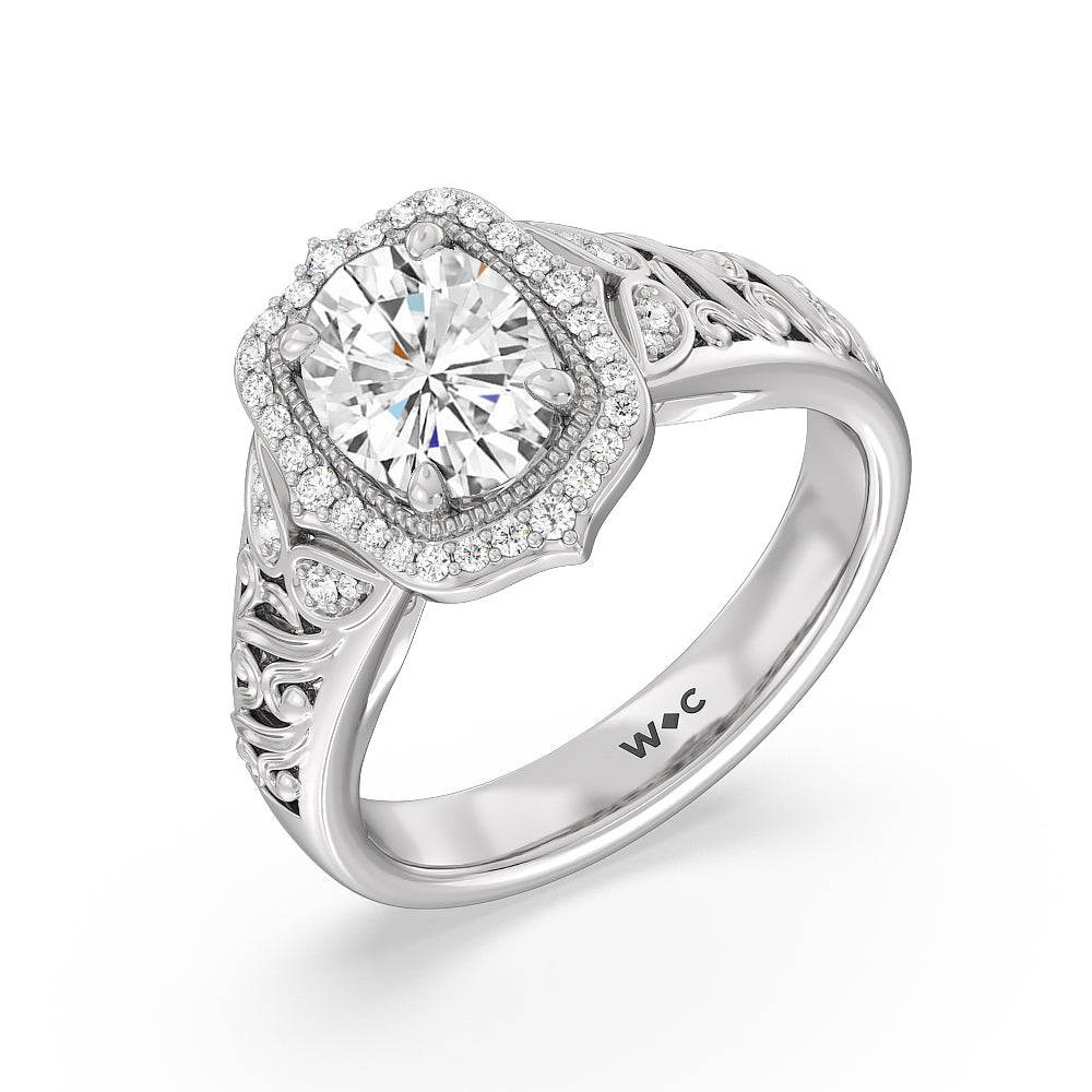 Vintage Filigree Fancy Halo Engagement Ring with Oval Cut Diamond in 14KT Platinum view 3
