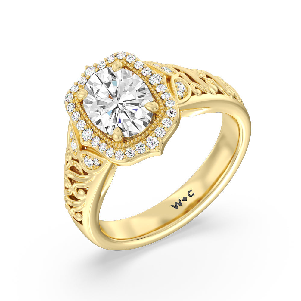 Vintage Filigree Fancy Halo Engagement Ring with Oval Cut Diamond in 14KT Yellow Gold view 3
