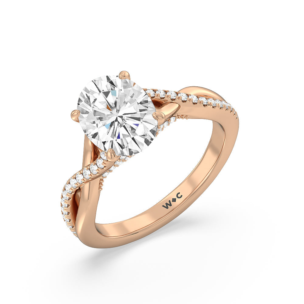 Vintage Glamour Ribbon Swirl Engagement Ring with Oval Cut Diamond in 14KT Rose Gold view 3
