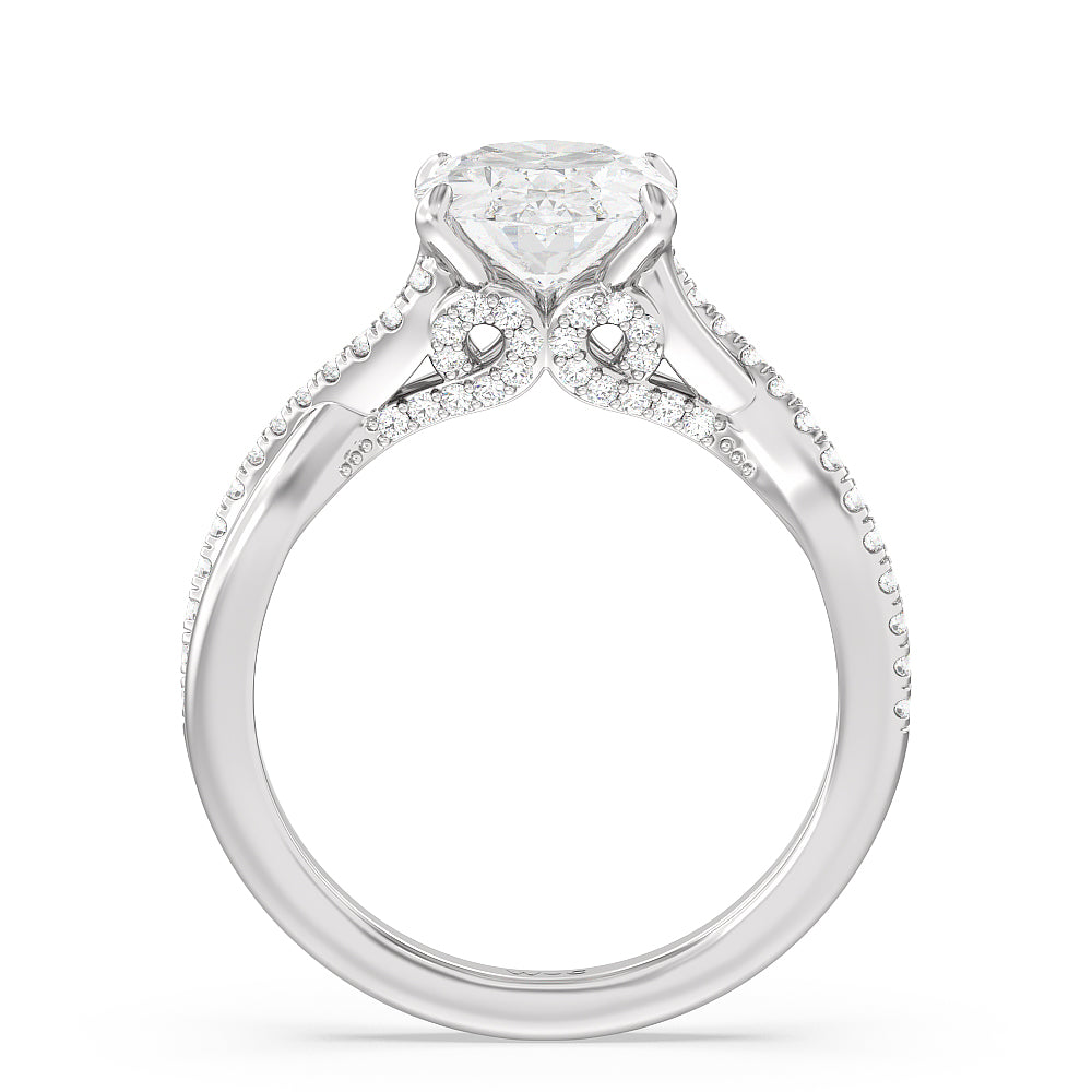Vintage Glamour Ribbon Swirl Engagement Ring with Oval Cut Diamond in 14KT Platinum view 2
