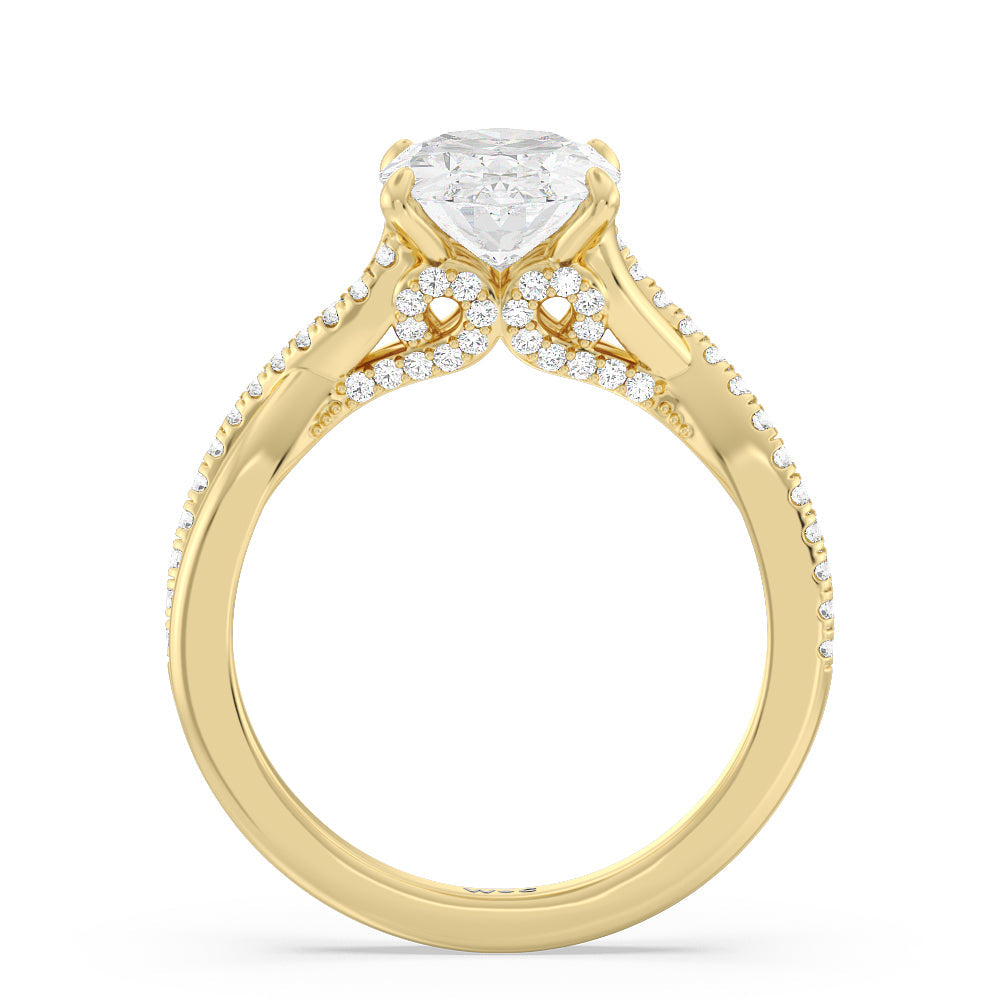 Vintage Glamour Ribbon Swirl Engagement Ring with Oval Cut Diamond in 14KT Yellow Gold view 2
