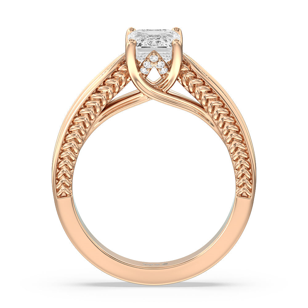 Vintage Hidden Halo Chevron Engagement Ring with Emerald Cut Diamond in 14KT Rose Gold view 2
