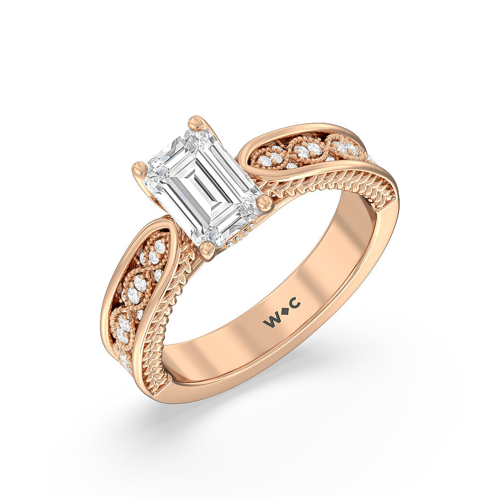 Vintage Hidden Halo Chevron Engagement Ring with Emerald Cut Diamond in 14KT Rose Gold view 3
