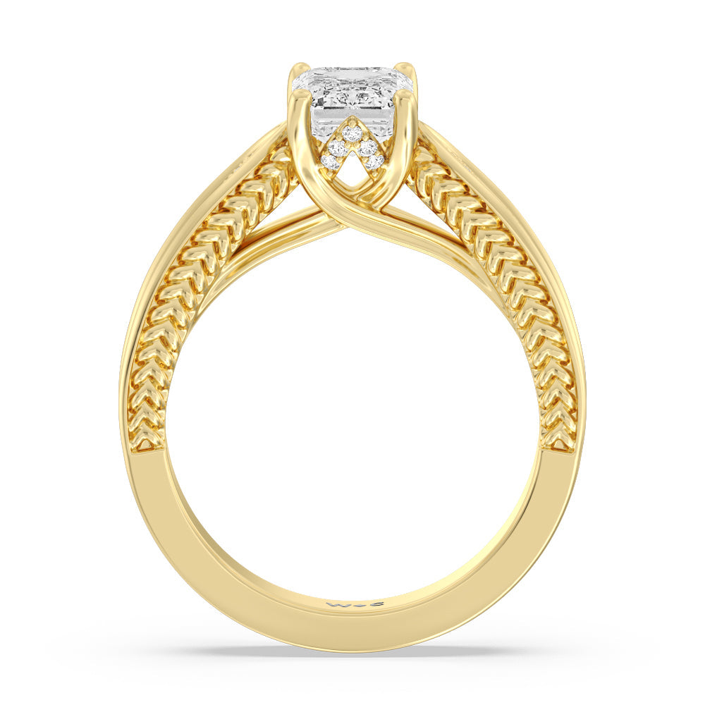 Vintage Hidden Halo Chevron Engagement Ring with Emerald Cut Diamond in 14KT Yellow Gold view 2
