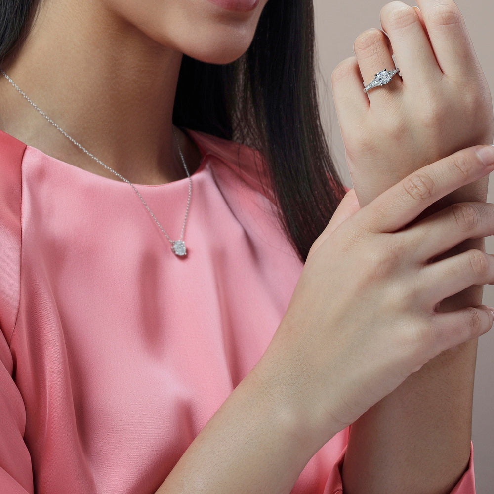 Model Wearing Vintage Hidden Halo Classic Diamond Engagement Ring view