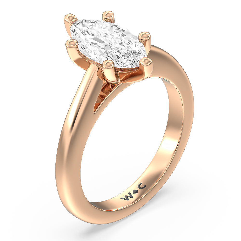 Tapered Cathedral Solitaire Engagement Ring with Marquise Cut Diamond in 14KT Rose Gold view 3

