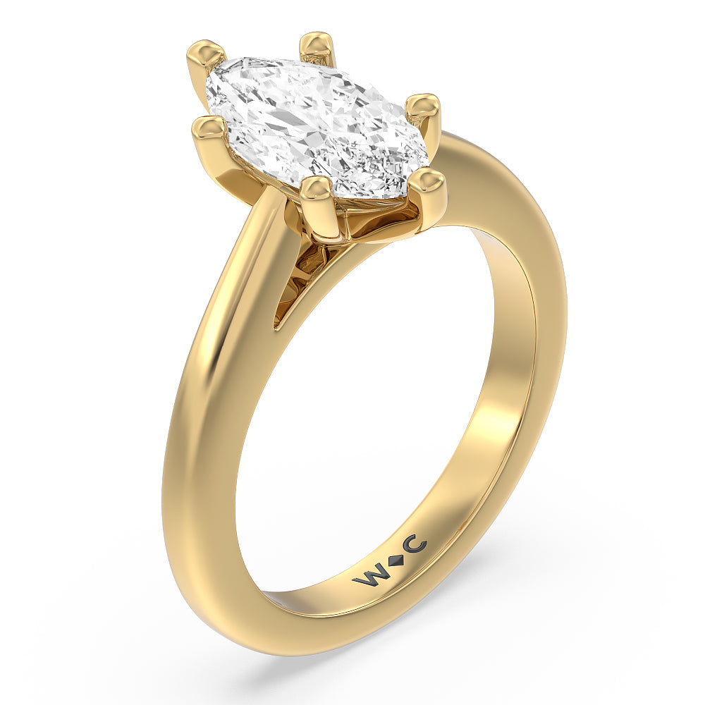Tapered Cathedral Solitaire Engagement Ring with Marquise Cut Diamond in 14KT Yellow Gold view 3
