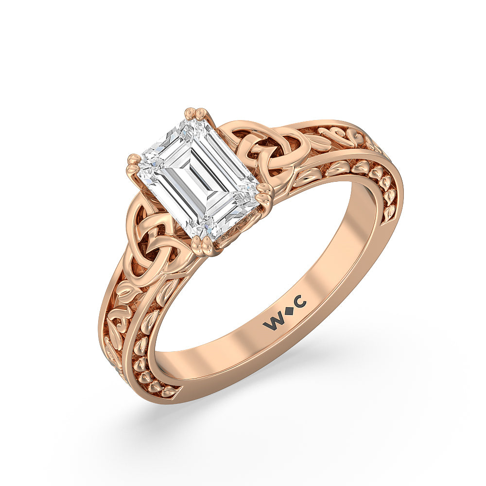 Vintage Celtic Engraved Engagement Ring with Emerald Cut Diamond in 14KT Rose Gold view 4
