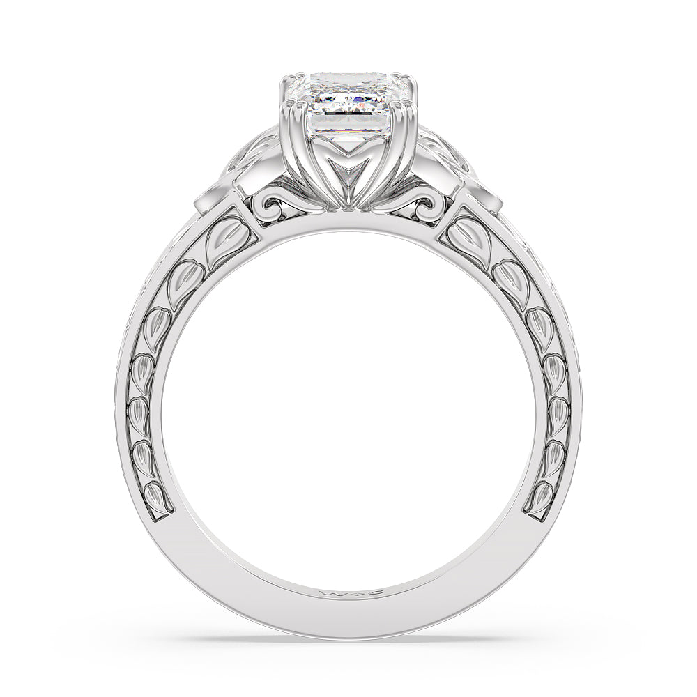 Vintage Celtic Engraved Engagement Ring with Emerald Cut Diamond in 14KT Platinum view 3
