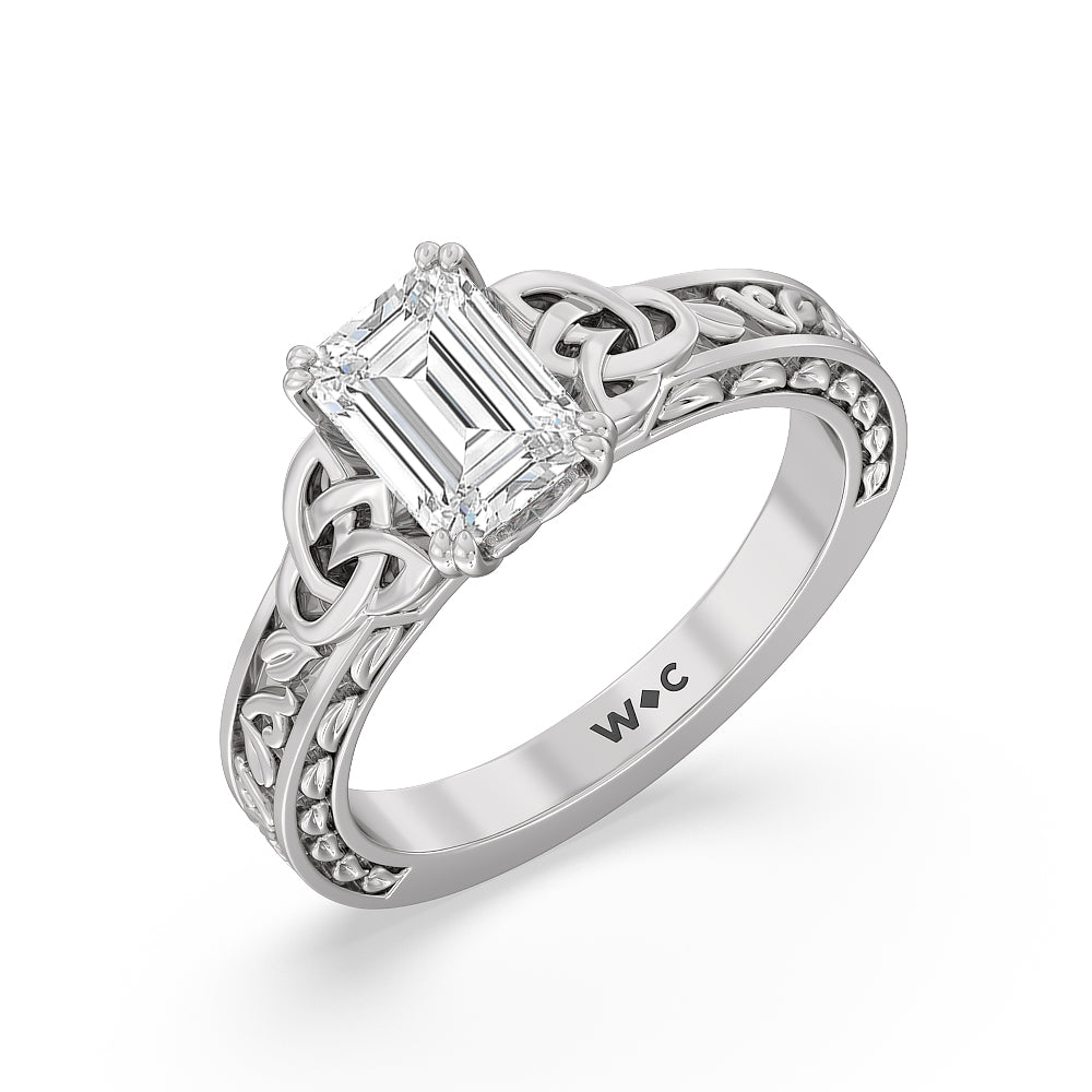 Vintage Celtic Engraved Engagement Ring with Emerald Cut Diamond in 14KT Platinum view 4
