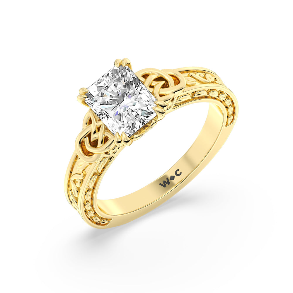 Vintage Celtic Engraved Engagement Ring with Radiant Cut Diamond in 14KT Yellow Gold view 3
