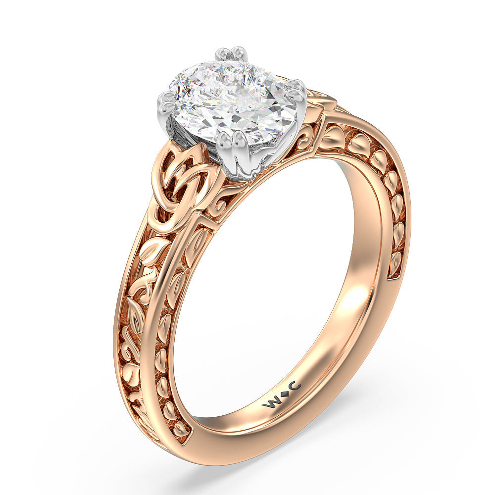 Vintage Celtic Engraved Engagement Ring with Oval Cut Diamond in 14KT White & Rose Gold view 3
