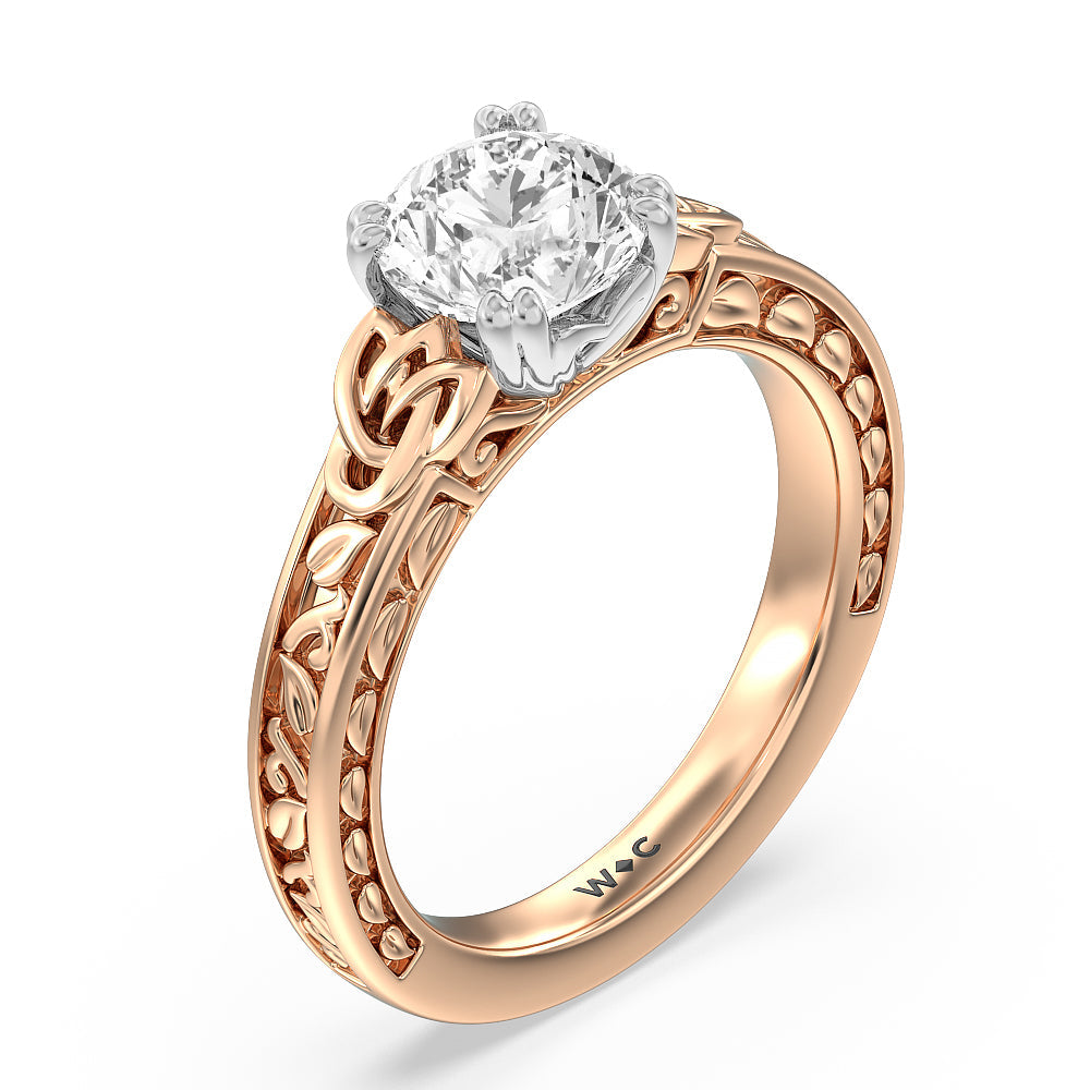 Vintage Celtic Engraved Engagement Ring with Round Cut Diamond in 14KT White & Rose Gold view 3
