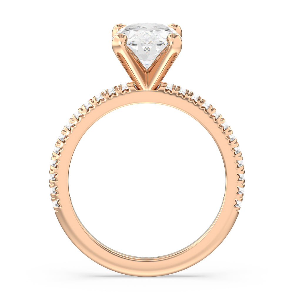 French Cut Pave Diamond Engagement Ring with Oval Cut Diamond in 14KT Rose Gold view 2
