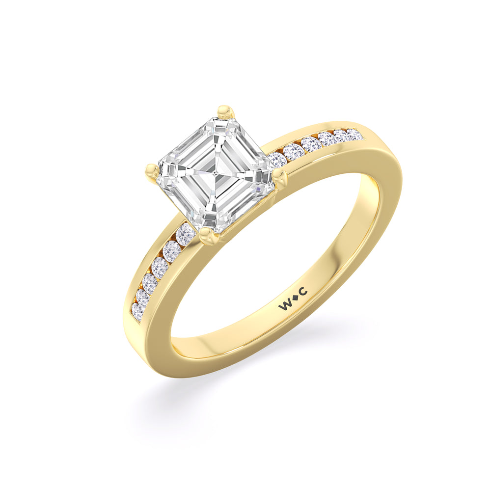 Cascading Channel Set Diamond Engagement Ring with Asscher Cut Diamond in 14KT Yellow Gold view 3
