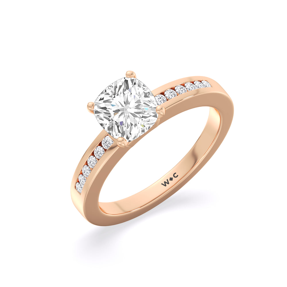 Cascading Channel Set Diamond Engagement Ring with Cushion Cut Diamond in 14KT Rose Gold view 3
