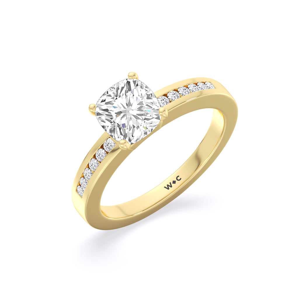 Cascading Channel Set Diamond Engagement Ring with Cushion Cut Diamond in 14KT Yellow Gold view 3

