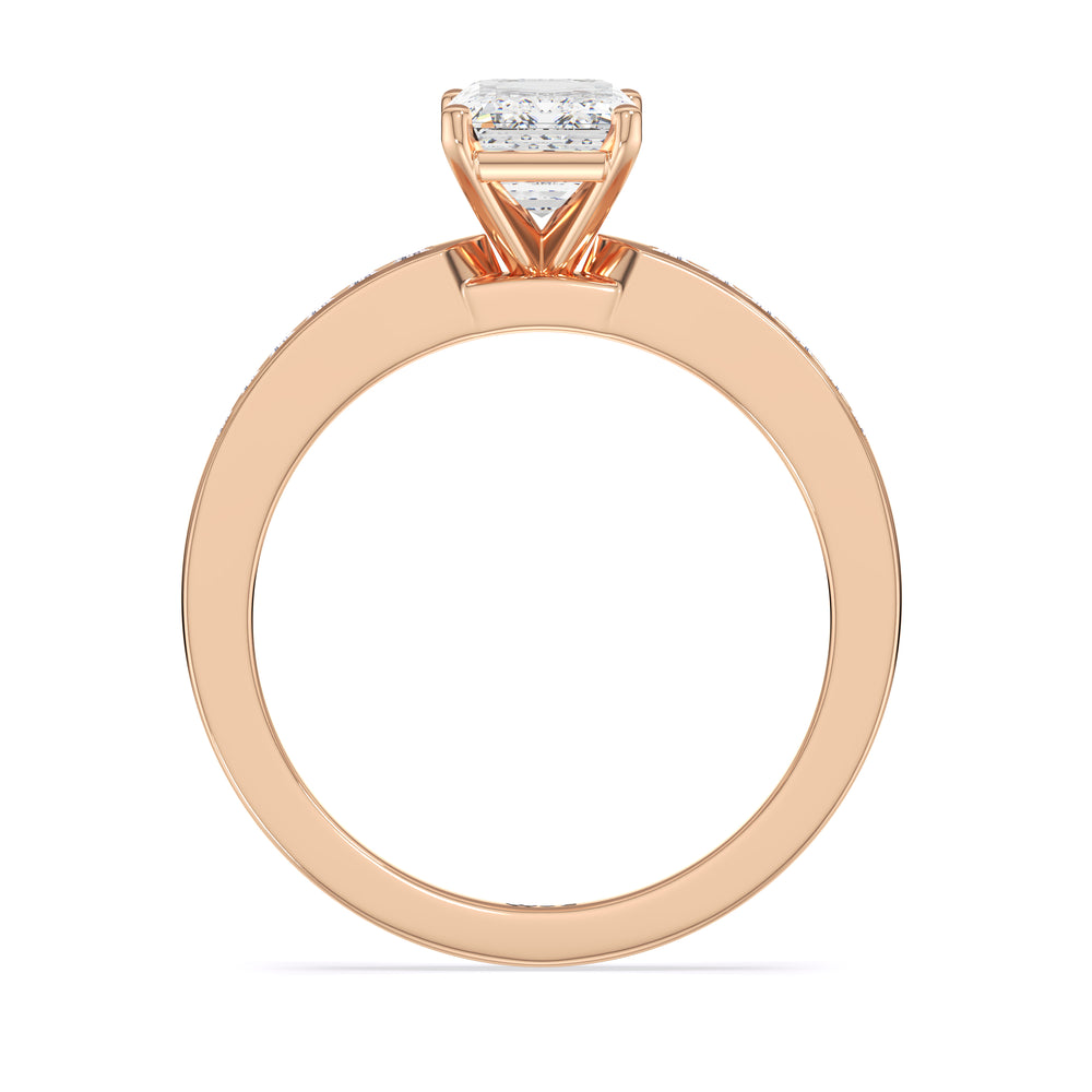 Cascading Channel Set Diamond Engagement Ring with Emerald Cut Diamond in 14KT Rose Gold view 2
