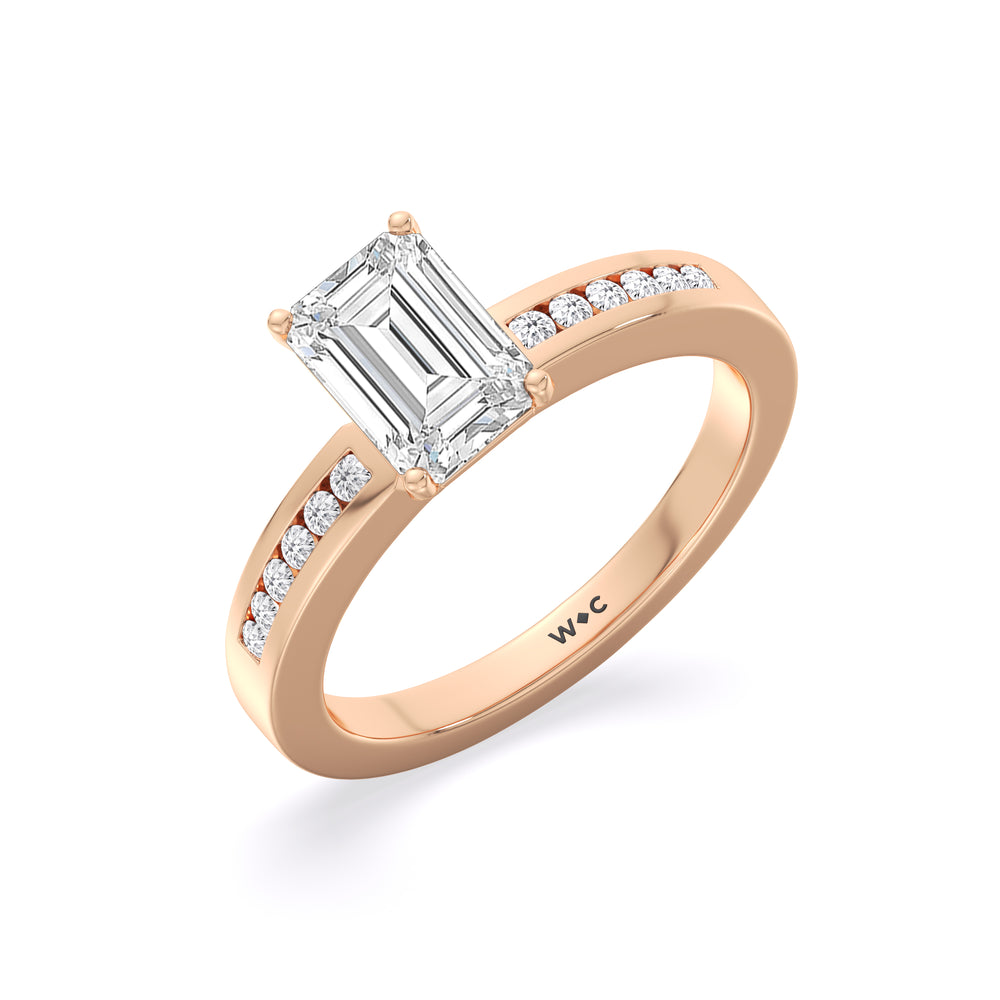 Cascading Channel Set Diamond Engagement Ring with Emerald Cut Diamond in 14KT Rose Gold view 3
