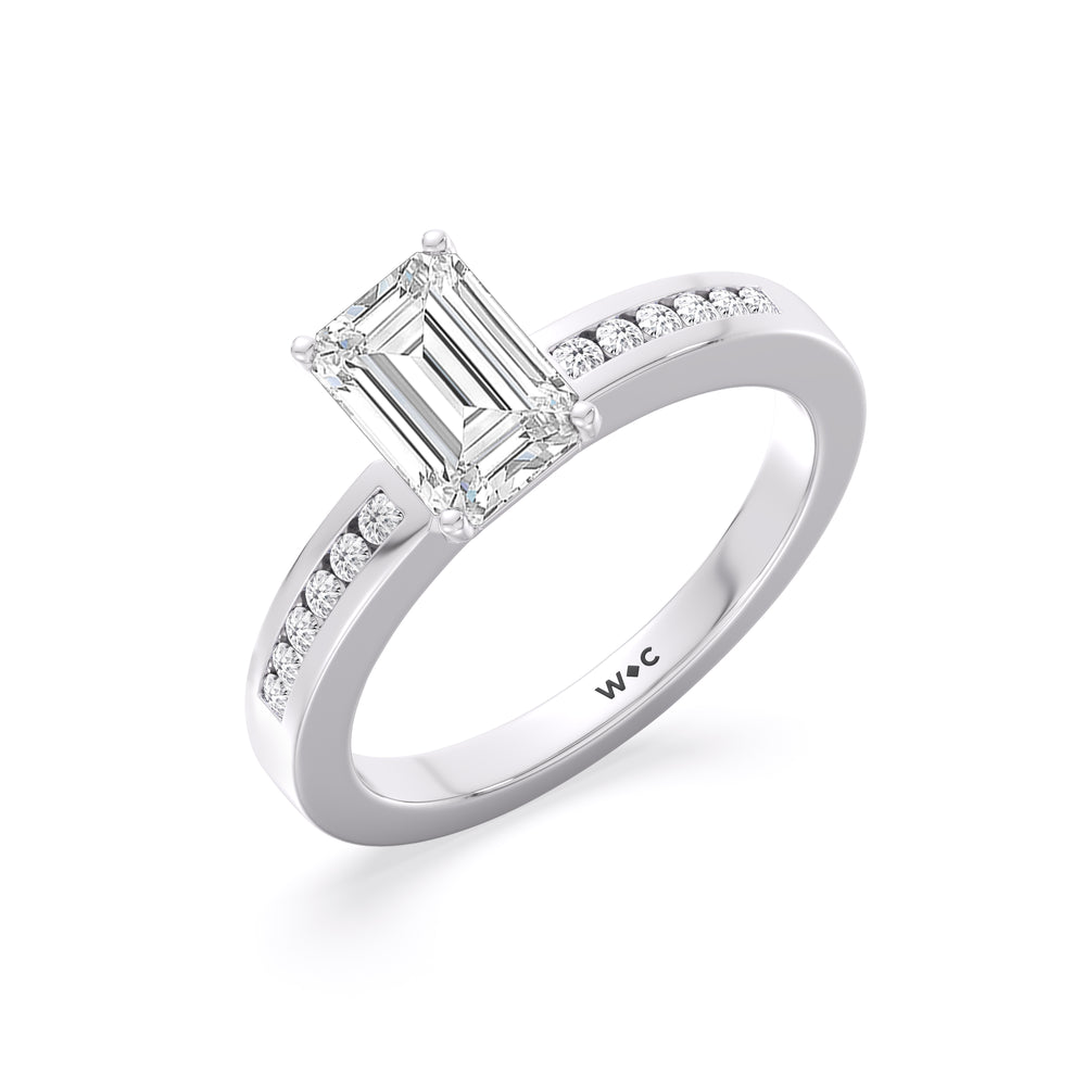Cascading Channel Set Diamond Engagement Ring with Emerald Cut Diamond in 14KT Platinum view 3
