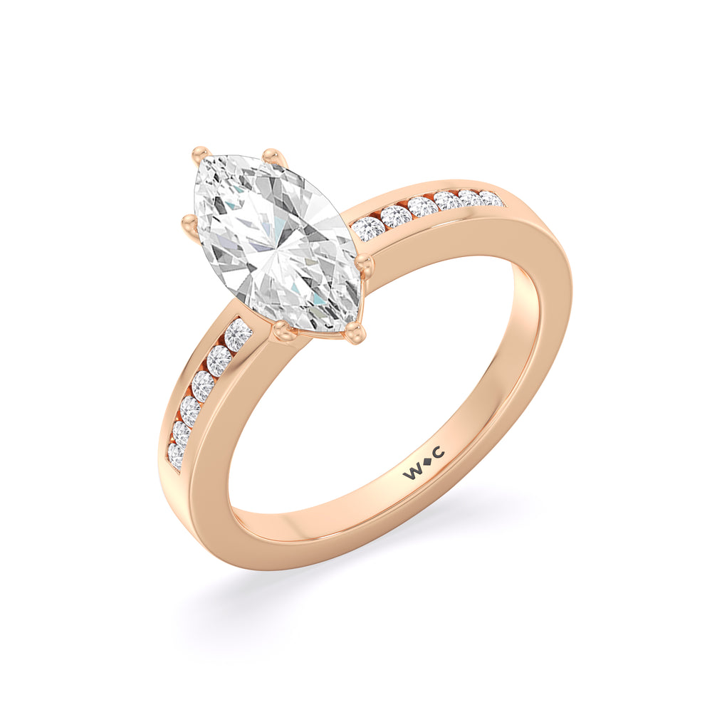 Cascading Channel Set Diamond Engagement Ring with Marquise Cut Diamond in 14KT Rose Gold view 3
