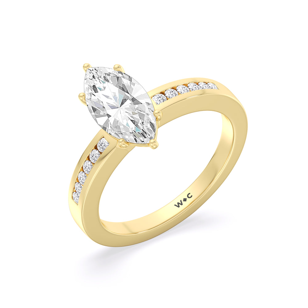 Cascading Channel Set Diamond Engagement Ring with Marquise Cut Diamond in 14KT Yellow Gold view 3
