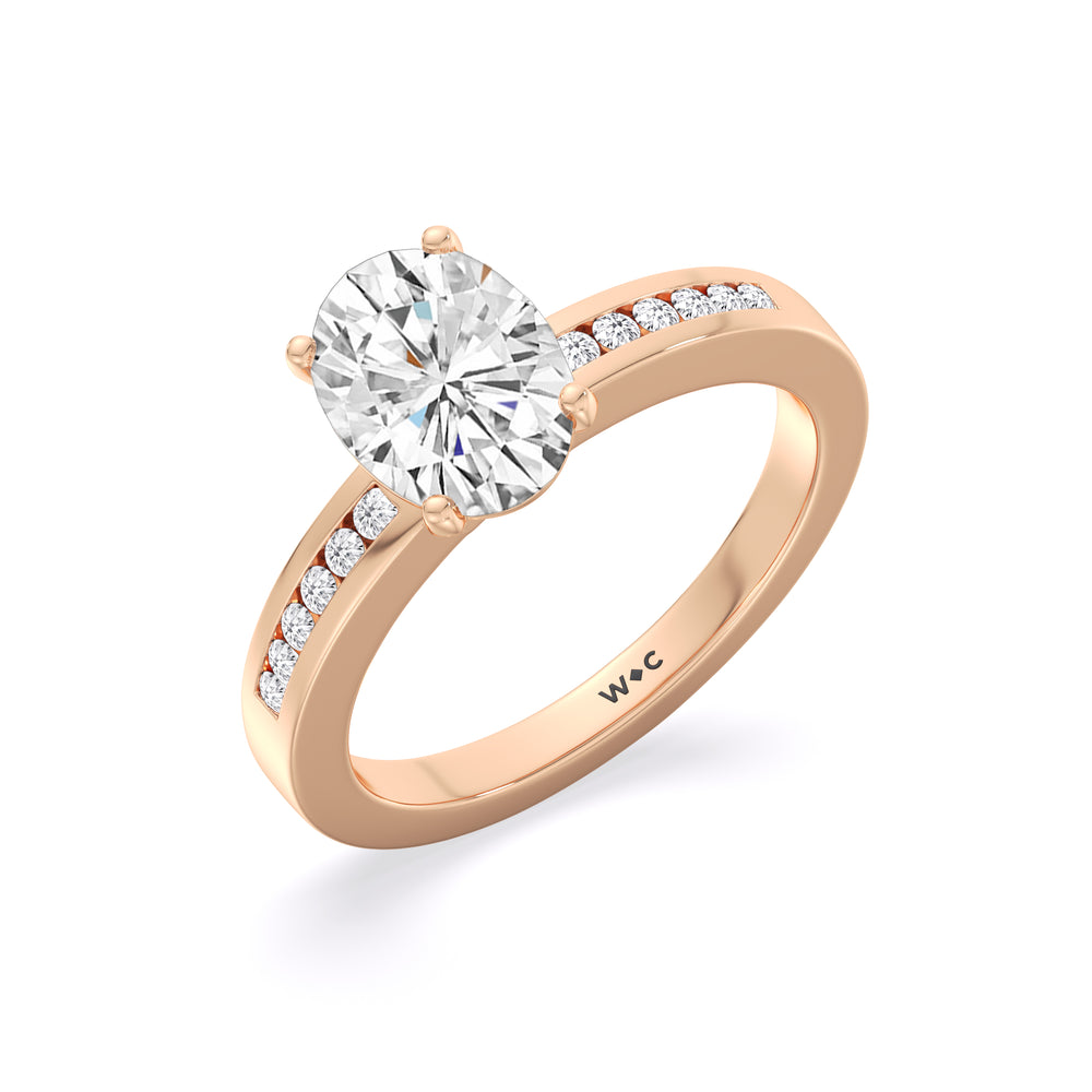 Cascading Channel Set Diamond Engagement Ring with Oval Cut Diamond in 14KT Rose Gold view 3
