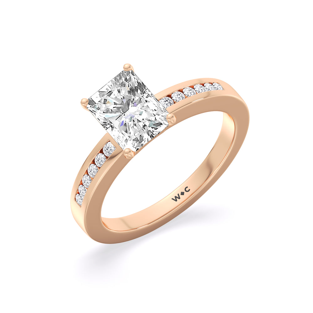 Cascading Channel Set Diamond Engagement Ring with Radiant Cut Diamond in 14KT Rose Gold view 3
