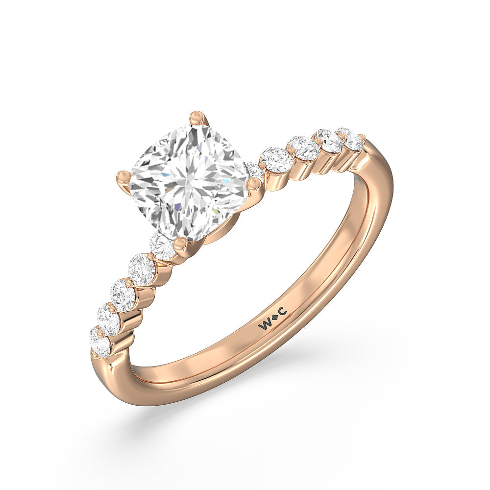 Cushion Cut Under Bezeled Accent Diamond Engagement Ring with Lab Grown Diamond in 14KT Rose Gold view 5
