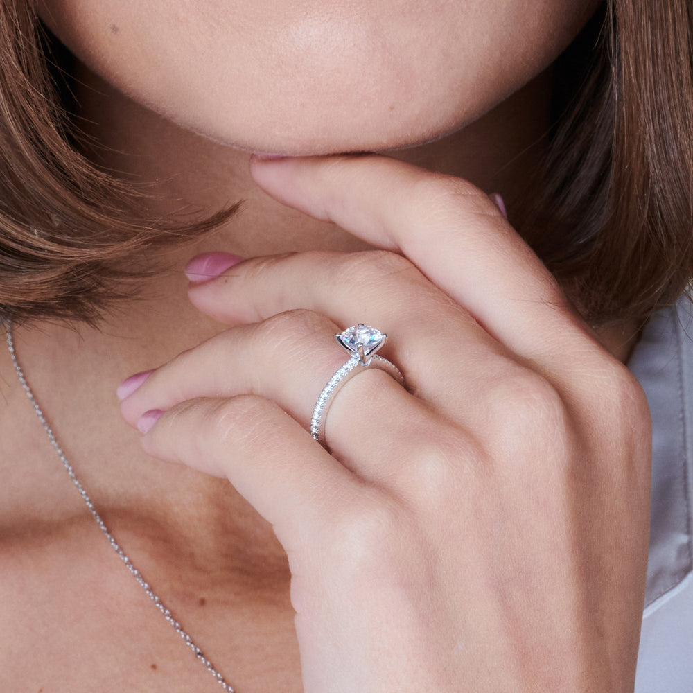 Model Wearing 2 3/4 cttw Round Cut Petite French Set Diamond Engagement Ring view