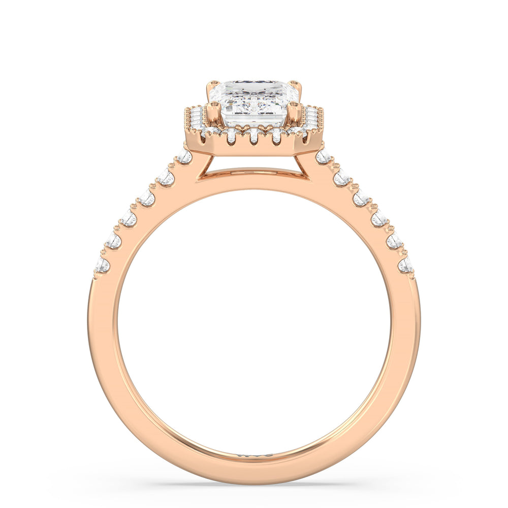 Pave Halo Engagement Ring with Emerald Cut Diamond in 14KT Rose Gold view 2

