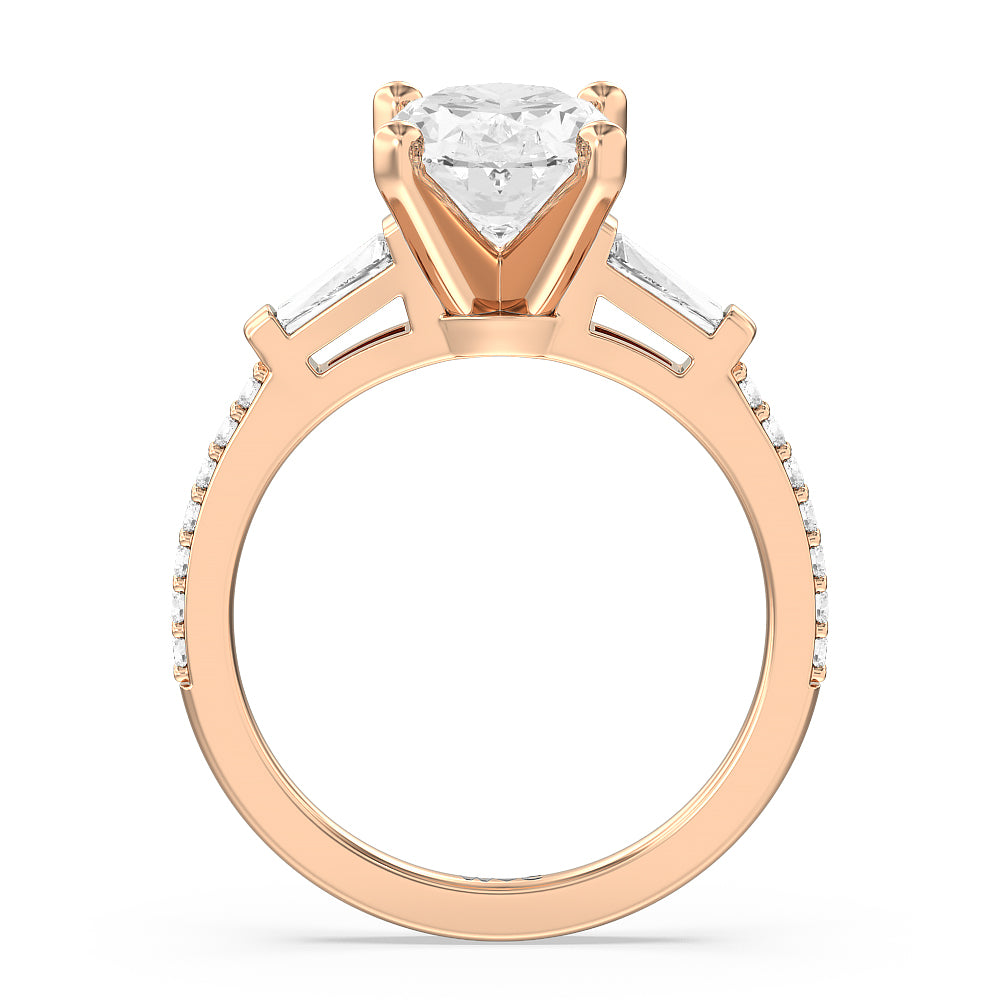 Oval Cut Three Stone Tapered Baguette Diamond Engagement Ring with Lab Grown Diamond in 14KT Rose Gold view 2
