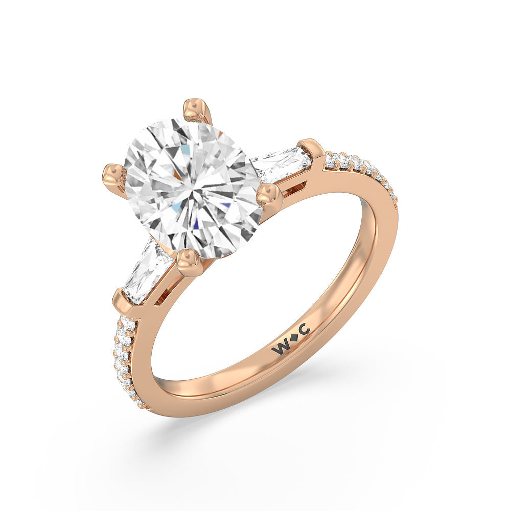 Oval Cut Three Stone Tapered Baguette Diamond Engagement Ring with Lab Grown Diamond in 14KT Rose Gold view 3
