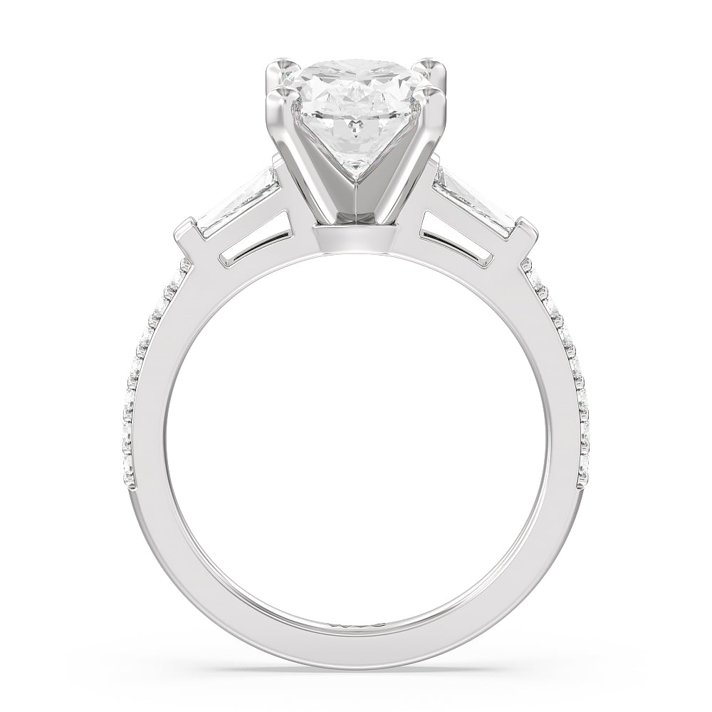 Oval Cut Three Stone Tapered Baguette Diamond Engagement Ring with Lab Grown Diamond in 14KT Platinum view 2
