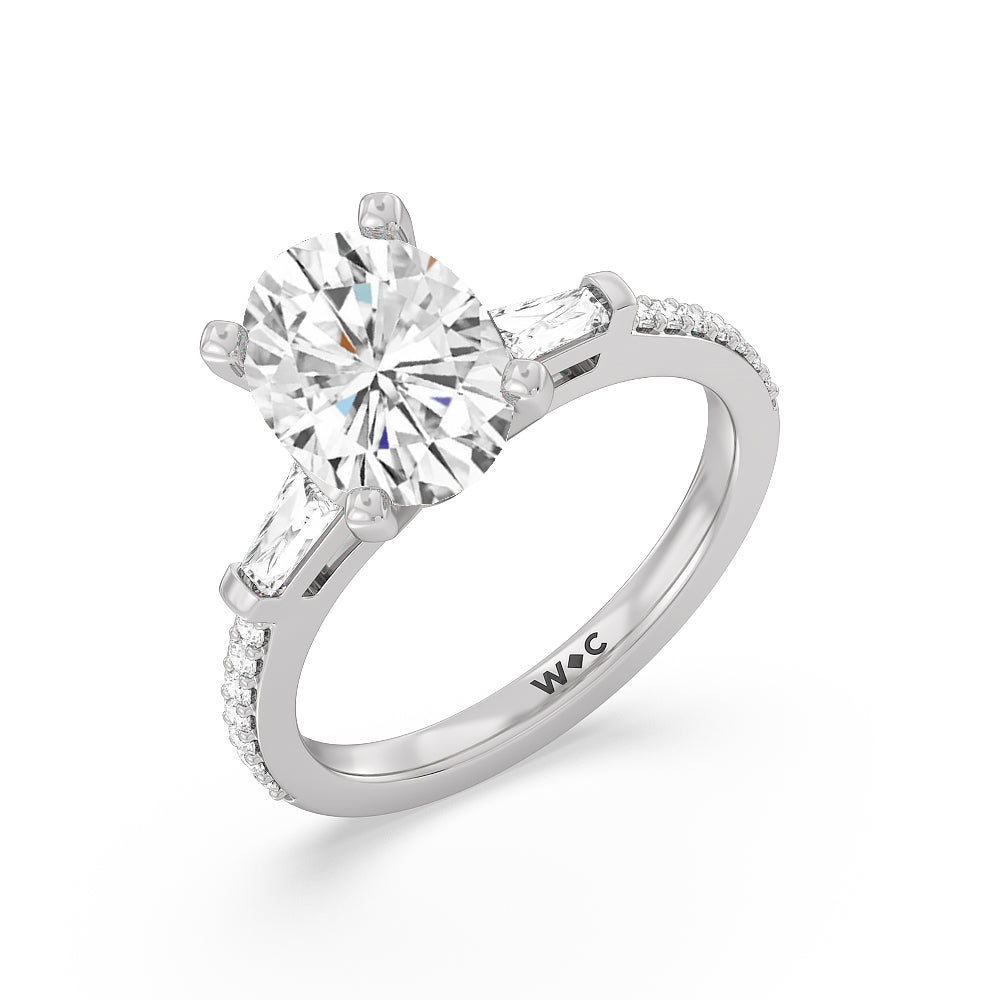 Oval Cut Three Stone Tapered Baguette Diamond Engagement Ring with Lab Grown Diamond in 14KT Platinum view 3
