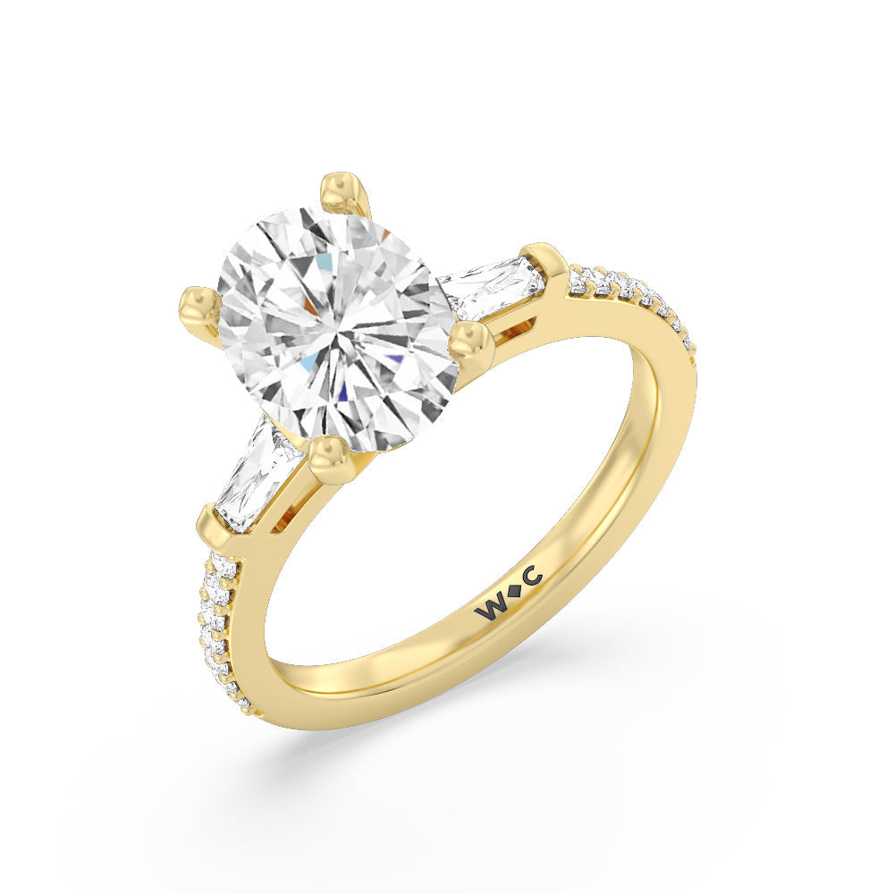 Oval Cut Three Stone Tapered Baguette Diamond Engagement Ring with Lab Grown Diamond in 14KT Yellow Gold view 3
