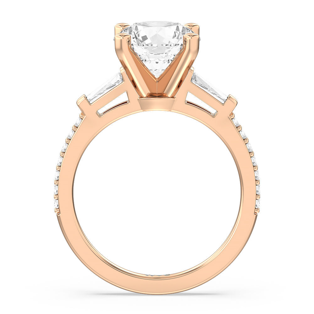 Round Cut Three Stone Tapered Baguette Diamond Engagement Ring with Lab Grown Diamond in 14KT Rose Gold view 2
